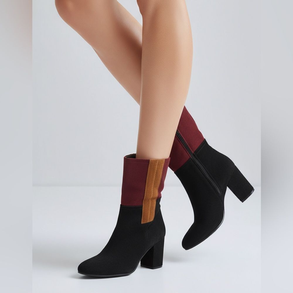 Women’s vintage black brown suede, leather color block zip midcalf boots  7.5